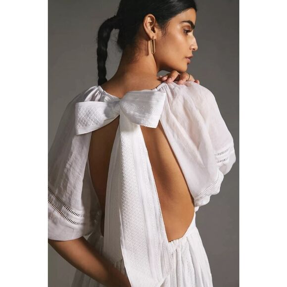 Joslin Anthropologie White Julianna Cotton Maxi Dress 4 Puff Sleeves Open Back - Picture 5 of 13